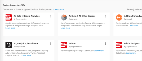 Google Data Studio מציע מחברי שותפים שנבנו על ידי שותפים של צד שלישי.