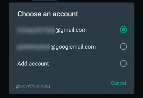 בווטסאפ בחר חשבון gmail