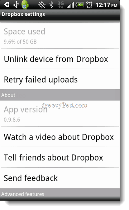הסרת ההתקנה של אנדרואיד Dropbox
