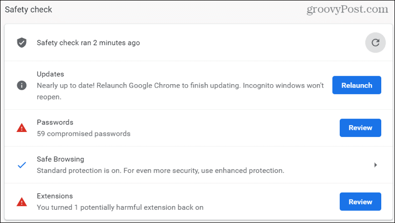 תוצאות בדיקת בטיחות של Chrome