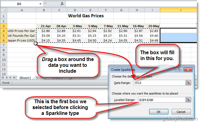 בחר את טווח הנתונים עבור ניצוץ Excel 2010 שלך