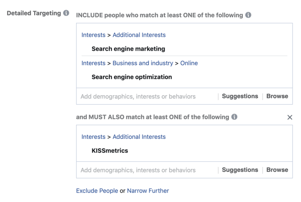 דוגמה לשכבת התוצאות לתחומי העניין של קהל המודעות בפייסבוק באמצעות שדה ההתאמה MUST ALSO.