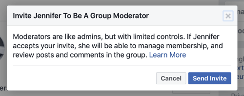 כיצד לשפר את קהילת קבוצות הפייסבוק שלך, דוגמה להודעת פייסבוק כאשר חבר נבחר להיות מנחה קבוצה