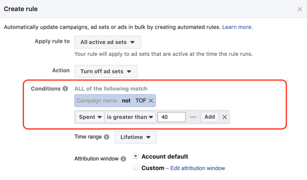 השתמש בכללים אוטומטיים של פייסבוק, עצור את הגדרת המודעה כאשר ההוצאה היא פי שניים מהעלות ופחות מרכישה אחת, שלב 2, הגדרות התנאים