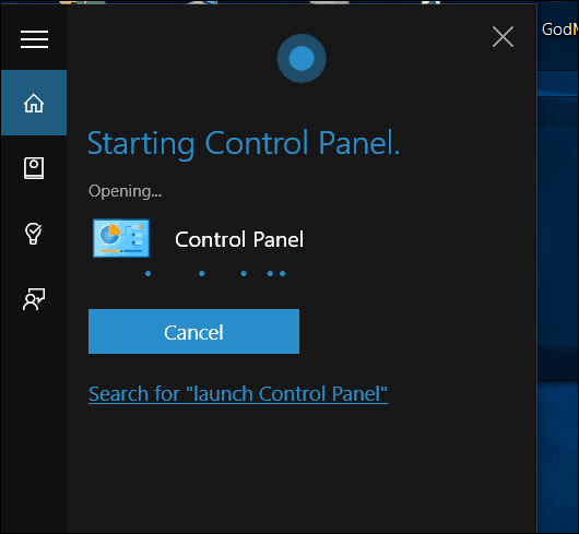 לוח הבקרה של Windows 10 Cortana פתוח