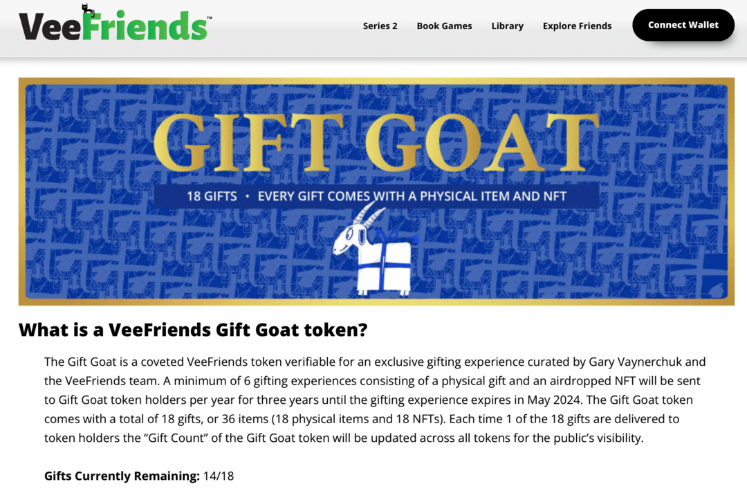 תמונה של יתרונות VeeFriends Gift Goat Token באתר VeeFriends
