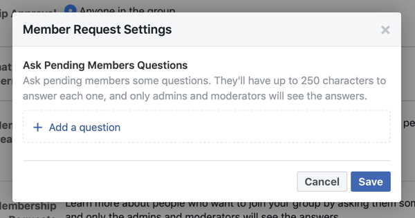 כיצד לשפר את קהילת קבוצות הפייסבוק שלך, דוגמה להגדרות בקשת חברות בקבוצת פייסבוק המאפשרות שאלות חבר חדשות