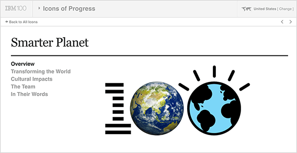 תמונה זו היא צילום מסך של IBM Smarter Planet. בחלקו העליון מוט אפור בהיר. משמאל לימין בסרגל זה מופיע הדברים הבאים: לוגו IBM 100, התפריט הנפתח סמלי התקדמות, ארצות הברית (המציין את מדינת המשתמש). מתחת לסרגל האפור מופיע דף לבן עם פרטים על היוזמה. תחת הכותרת "סמארט פלאנט" עומדות האפשרויות הבאות: סקירה כללית, שינוי העולם, השפעות תרבותיות, הצוות ובמילותיהם. מימין לאפשרויות אלה מופיע לוגו גדול של 100. ה- 1 מפוספס כמו הלוגו של IBM, האפס הראשון הוא צילום כדור הארץ, והאפס השני הוא המחשה של כדור הארץ. קתי קלוץ-אורסט אומרת כי IBM Smarter Planet היא דוגמה טובה לשימוש בסיפורי שיתוף פעולה כדי לפתח רעיונות חדשים עבור החברה שלך על ידי שיתוף פעולה עם השותפים או הלקוחות שלך.