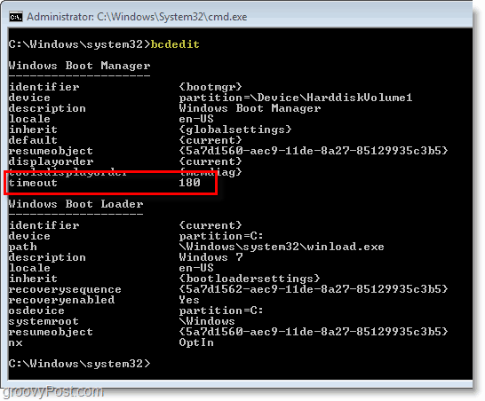 צילום מסך של Windows 7 - בדיקת הגדרות ה- bcdedit שלך
