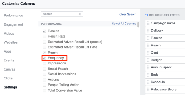 מנהל מודעות פייסבוק התאם אישית עמודות כדי להוסיף תדירות