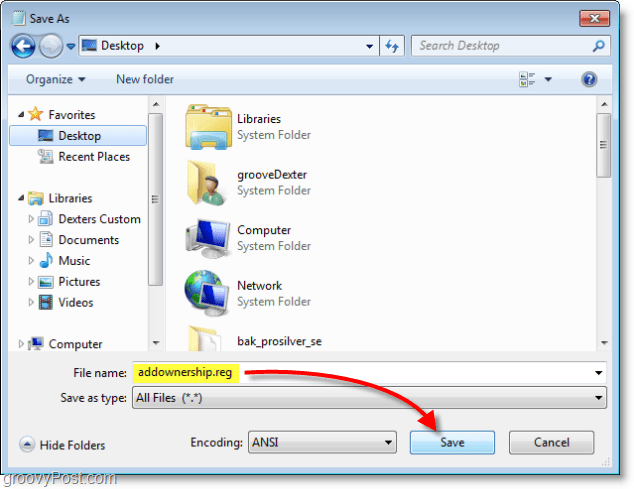 צילום מסך של Windows 7 - שמור כ- addownership.reg