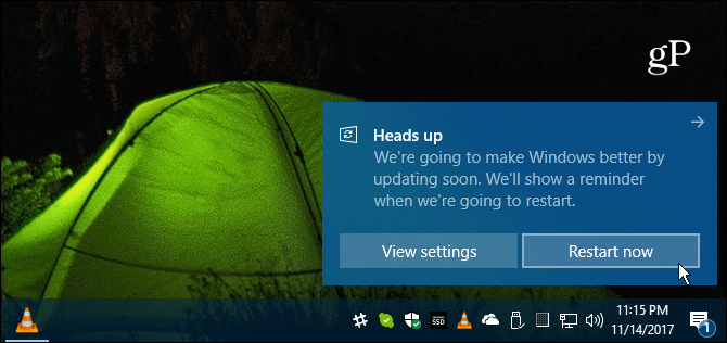 הודעה על הפעלה מחדש של Windows 10