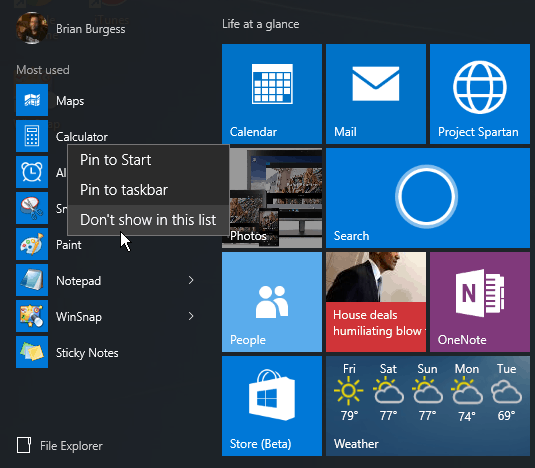 תפריט התחלה של Windows 10