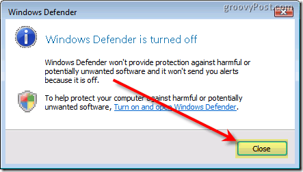 השבת את Windows Defender Vista