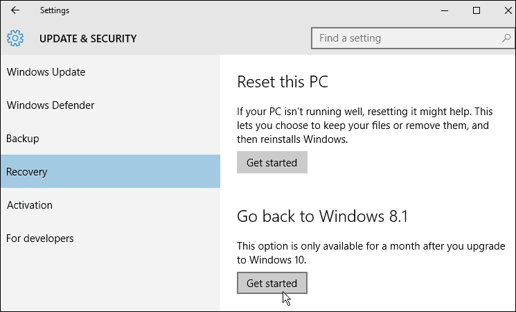התאוששות Windows 10