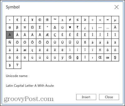 סמלים לסימני מבטא ב- Word באינטרנט