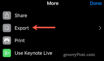 התחל את תהליך הייצוא מ- Keynote ל- PowerPoint ב- iOS