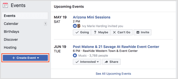 צור כפתור אירוע בדף האירועים בפייסבוק