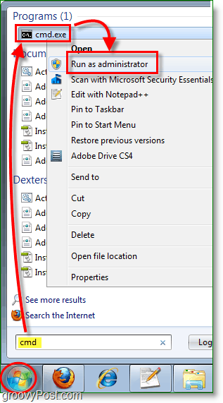 צילום מסך של Windows 7 - לחץ על cmd כמנהל מערכת