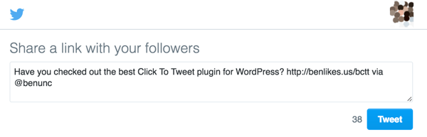 הפלאגין WordPress טוב יותר לחץ על ציוץ מציג ציוצים מאוכלסים מראש שמשתמשים יכולים לשתף בטוויטר.