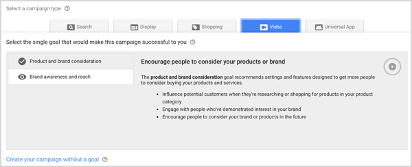 סוג קמפיין מודעות למותג והגעה לטקסט ב- Google AdWords.