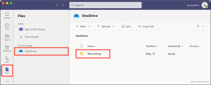 קבצים, OneDrive, הקלטות בקבוצות
