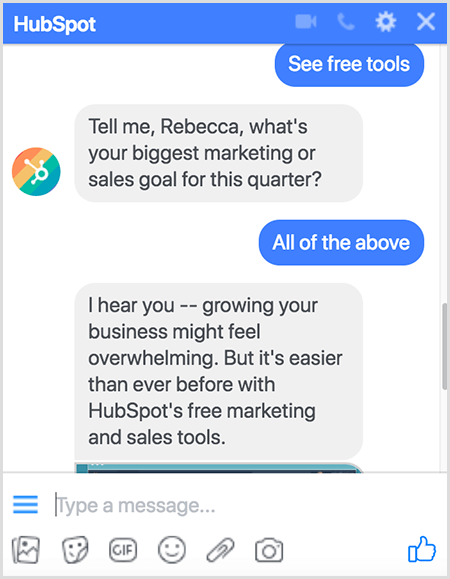 מולי פיטמן אומר ששאלת שאלות עובדת היטב בצ'טבוג. צ'אט-בוט HubSpot שואל שאלות כגון יעד השיווק הגדול ביותר שלך או מכירות ברבעון זה?