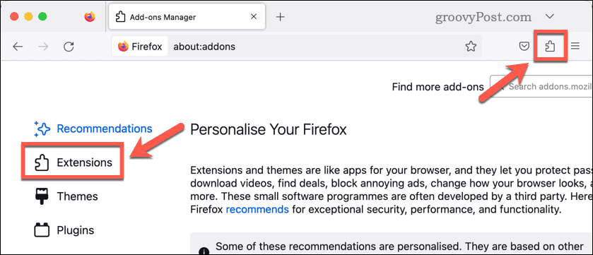 פתח את הרחבות Firefox