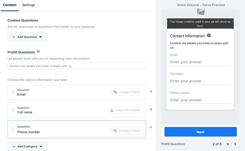 הוסף שאלות מותאמות אישית לטופס הפקת הפניות של פייסבוק