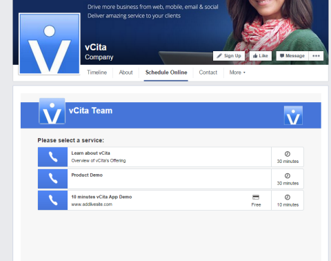 כרטיסיית הפגישה של vcita בפייסבוק