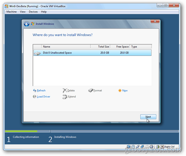VirtualBox Windows 8 בחר דיסק להתקנה