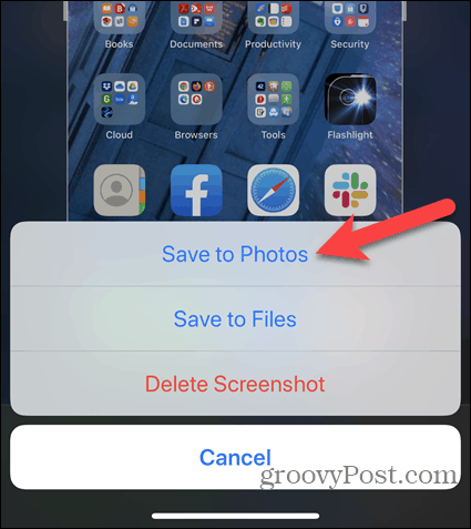 הקש על שמור לתמונות בעת עריכת צילום מסך iPhone