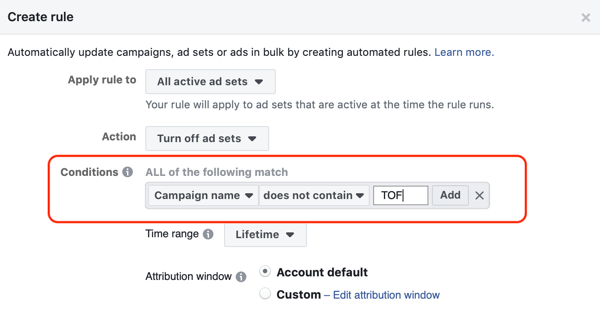 השתמש בכללים אוטומטיים של פייסבוק, עצור את הגדרת המודעה כאשר ההחזר על הוצאות פרסום יורד מתחת למינימום, שלב 2, הגדר תנאים