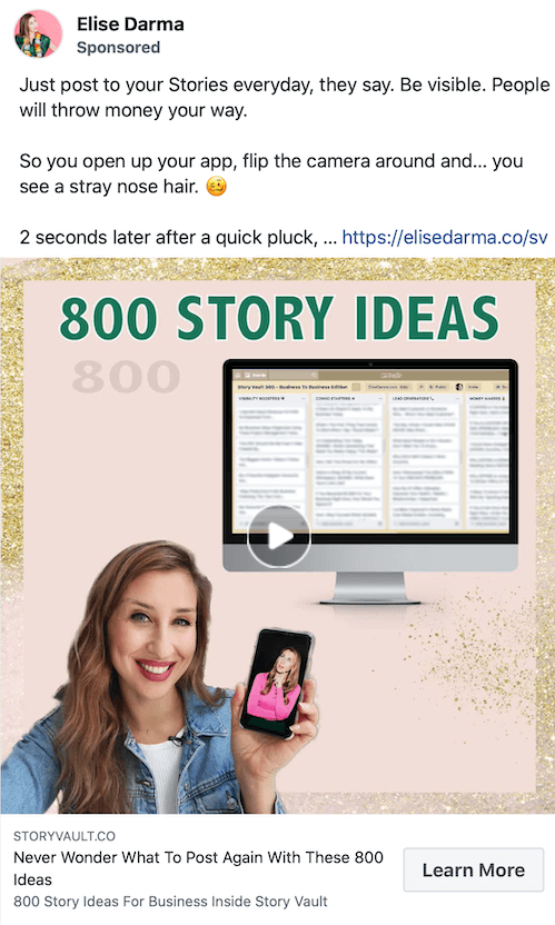 דוגמא של צילום מסך לפוסט ממומן של אליז דארמה שמקדמת 800 רעיונות לסיפורים