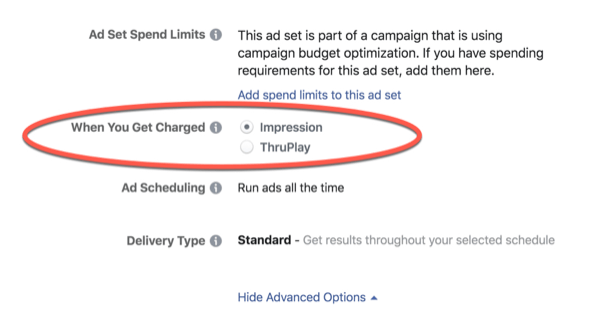 חיובי אופטימיזציה של פייסבוק ThruPlay.