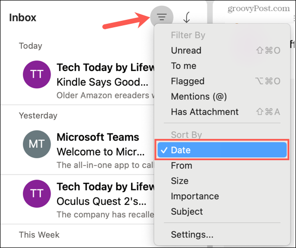 מיין לפי תאריך ב- Outlook ב- Mac