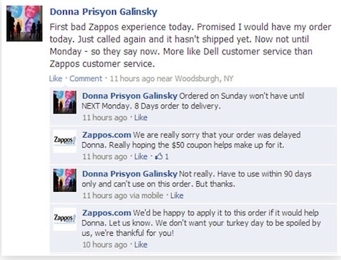תשובת הלקוח של zappos בפייסבוק