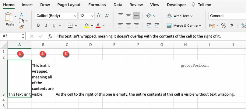 דוגמה לפורמטים שונים של גלישת טקסט ב- Excel