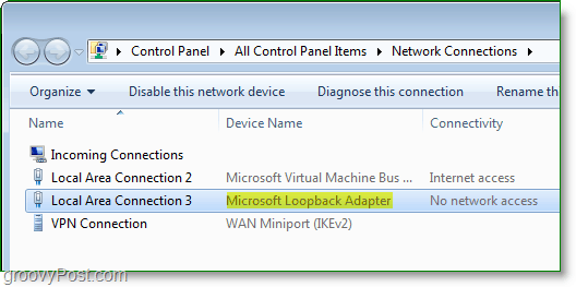 תמונת מסך של רשת Windows 7 - מתאם ה- Loopback של מיקרוסופט גלוי בחלון חיבורי הרשת