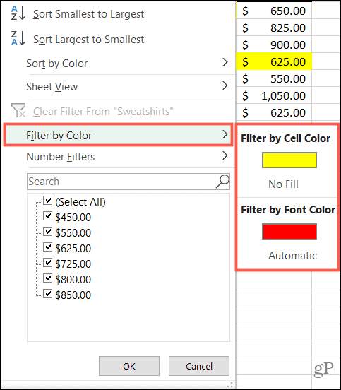 סנן לפי צבע ב- Excel