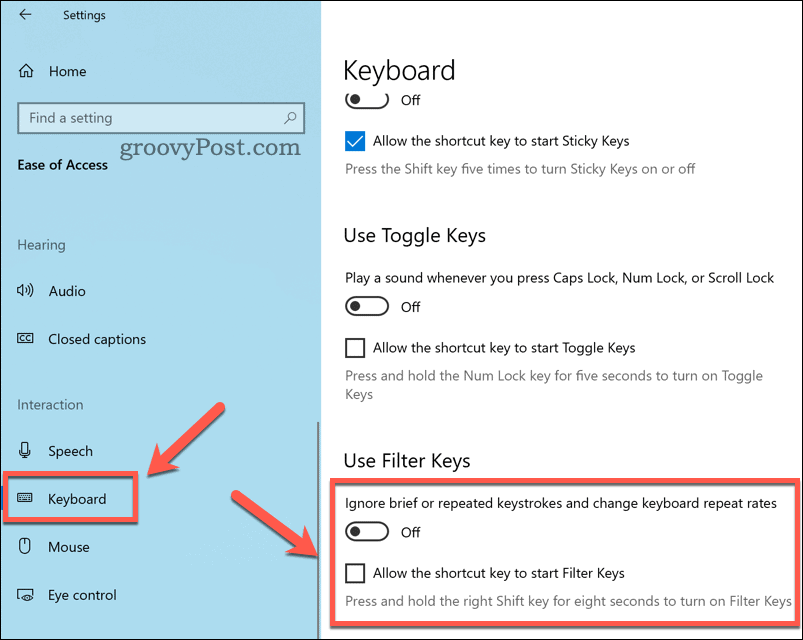 הגדרת הגדרות מפתחות סינון ב-Windows 10