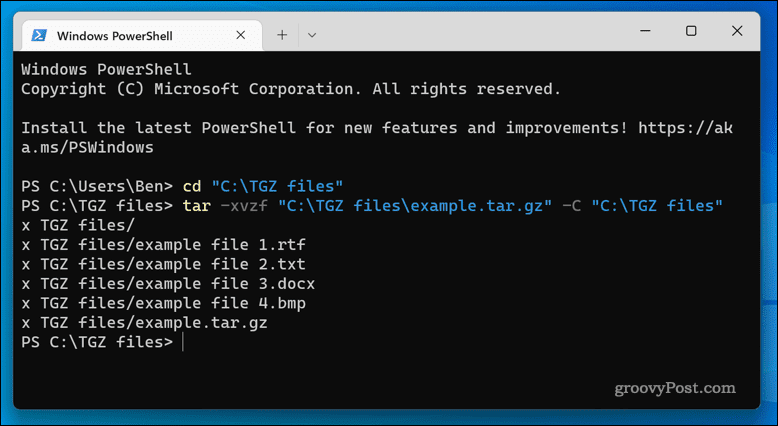 חילוץ קבצי TGZ ב-Windows 11 באמצעות אפליקציית המסוף