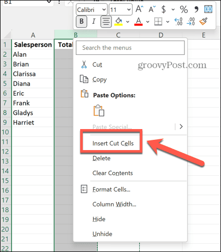 Excel הכנס תאים חתוכים