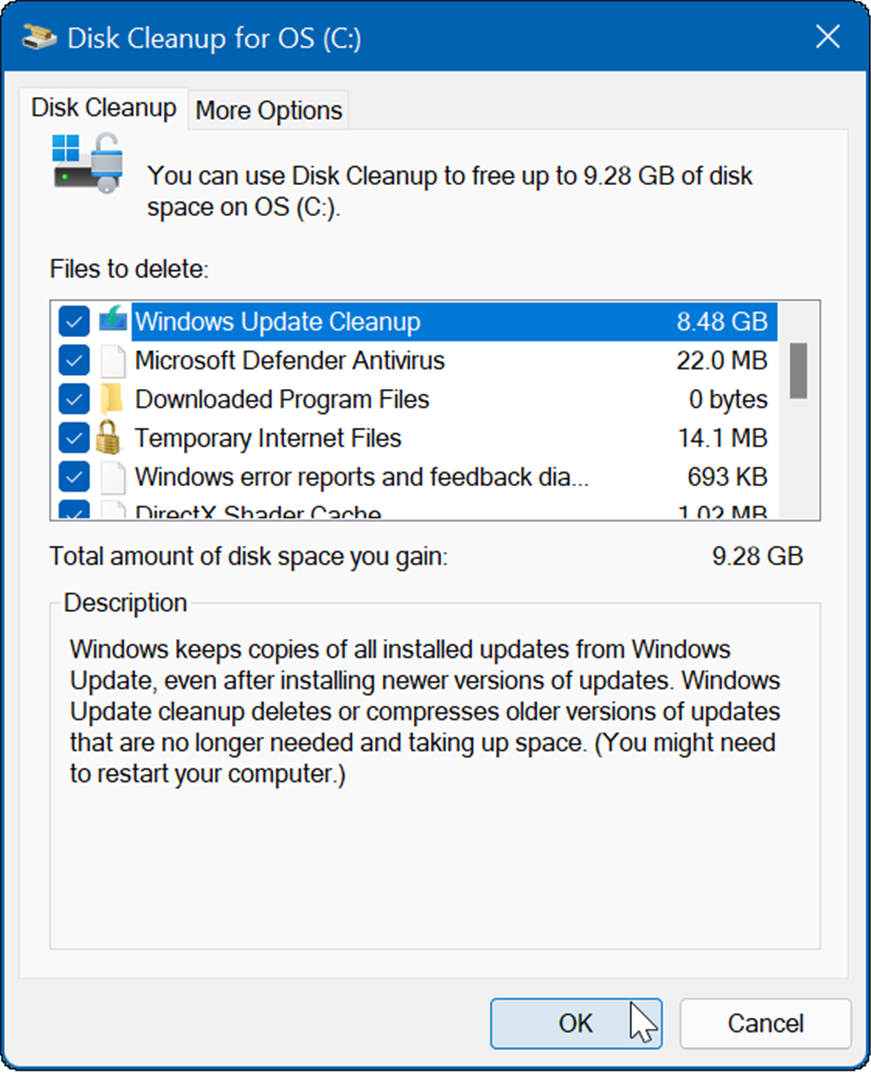 התוצאה תהיה מספר קבצים זמניים כולל Windows Update Cleanup