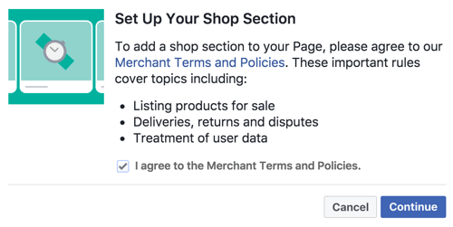 הסכים לתנאים ולמדיניות הסוחר כדי להגדיר את מדור חנות הפייסבוק שלך.