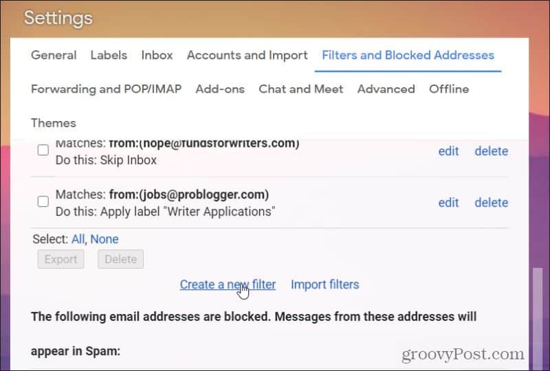 צור פילטר חדש ב- Gmail