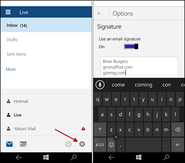 Windows 10 Mobile: שנה את חתימת הדואר של Outlook