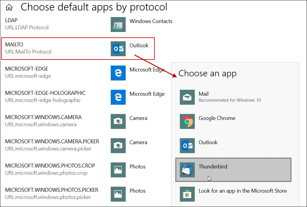 הגדר אפליקציית דוא"ל ברירת מחדל על ידי פרוטוקול Windows 10