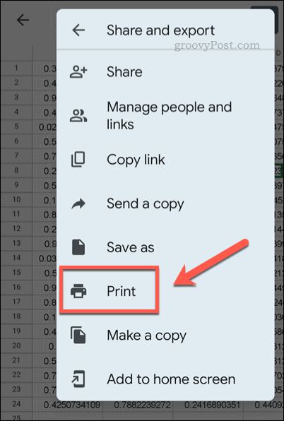 פתח את תפריט ההדפסה של Google Sheets בנייד