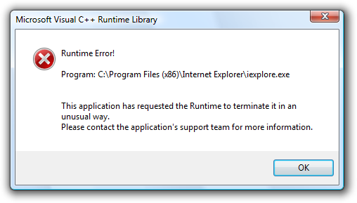 Internet Explorer 8 (IE8) ספריית Runtime של Microsoft Visual C ++ של Microsoft: שגיאת זמן ריצה!